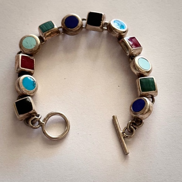 Vintage Multi Gemstone, 925 Sterling Silver Bracelet - Picture 2 of 5
